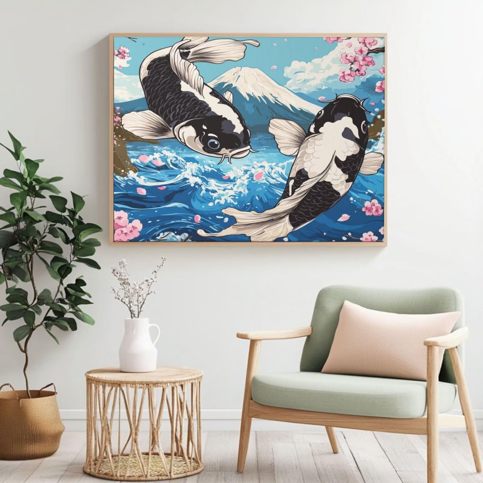Malen nach Zahlen MK376 Malen-nach-Zahlen-Set für Erwachsene, Motiv: Kirschblüte, Fisch Malen nach Zahlen für Anfänger, Acryl, Ölgemälde zum Selbermachen, Kunsthandwerk für Wanddekoration – (90 x 60