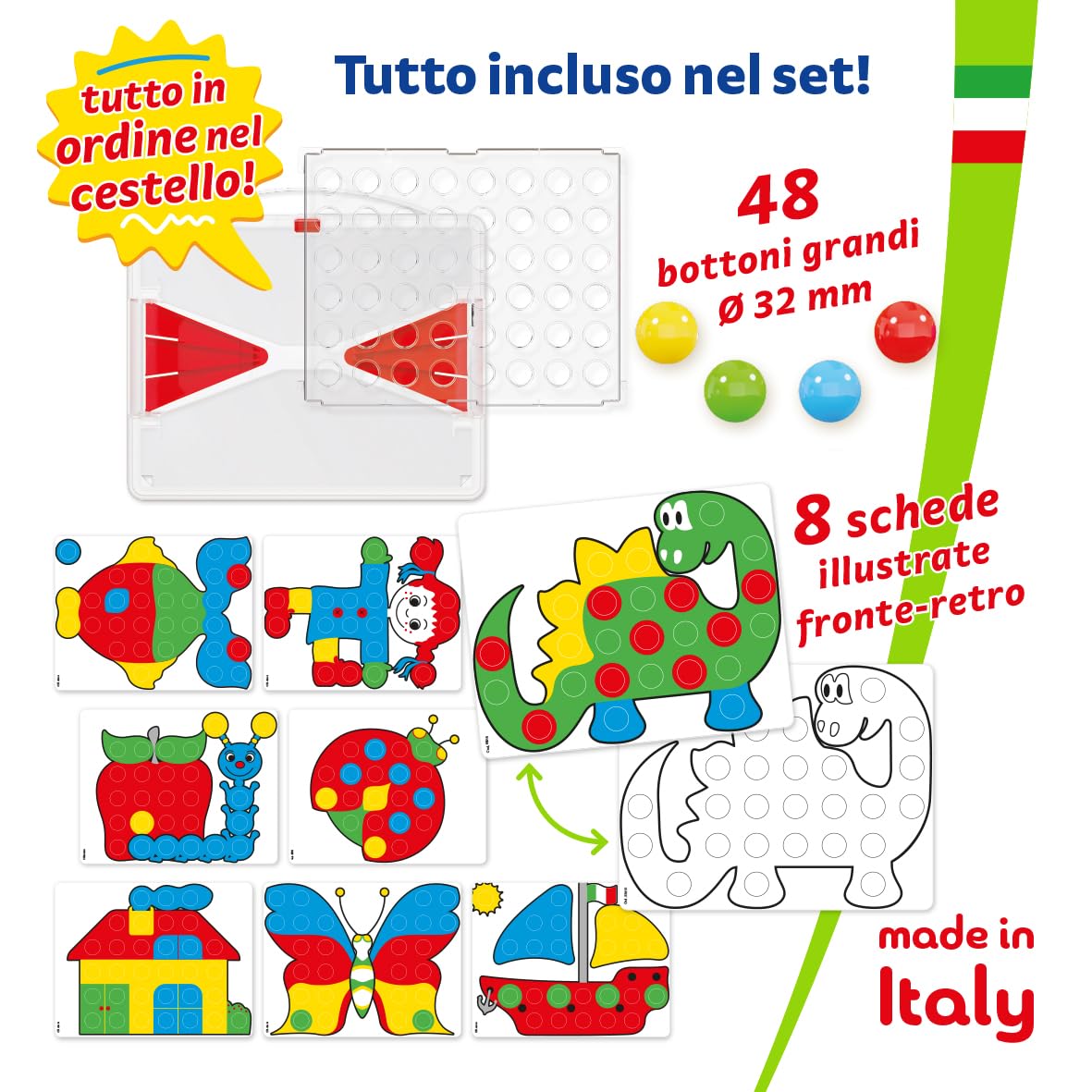 Quercetti Fantacolor Junior,Gioco Educativo Mosaico Bambini 3D con Bottoni Colorati per Bambini Giochi Bambini 2 Anni con Valigetta Portatile 48 Bottoni e 16 Schede Regalo Bimba 2 Anni Made in Italy