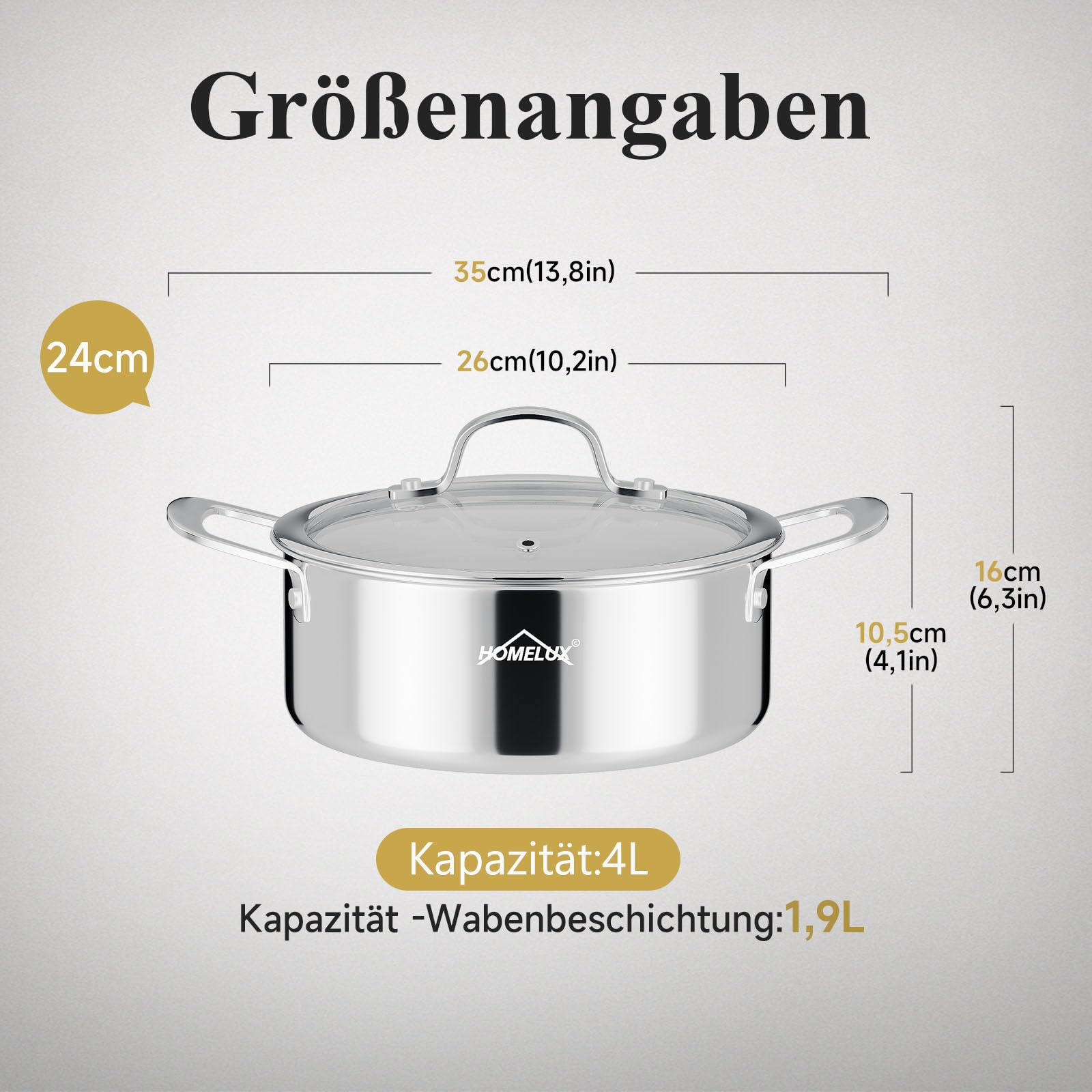 Homelux Topf 24cm 1,9L Edelstahl Kochtopf Wabenstruktur Beschichtung