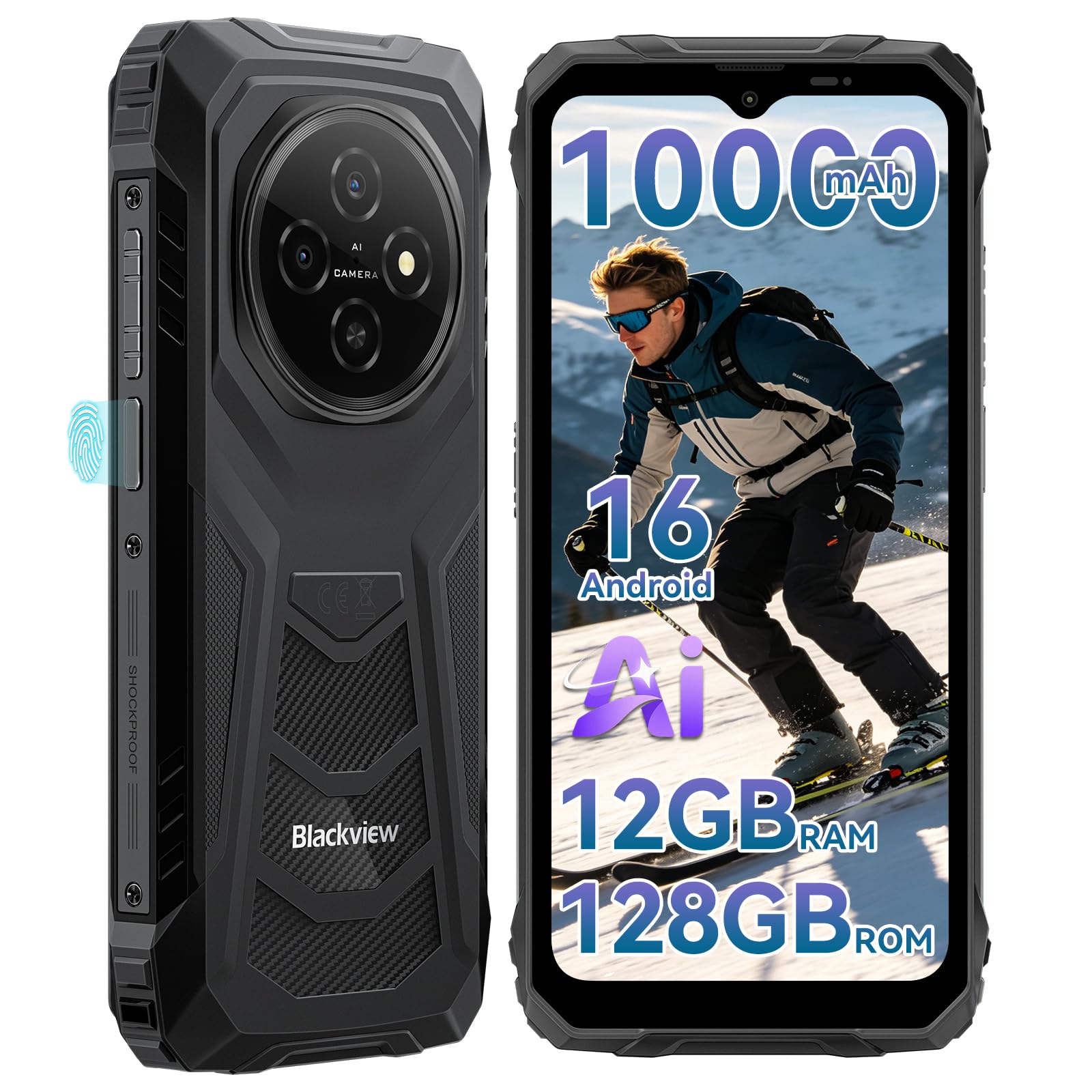 Blackview Android 16 Movil irrompible - Batería 10000mAh, 12GB RAM+128GB ROM/TF 2TB Mobile Rugged, 6.56" HD+ 90Hz Teléfono Movil, Gemini AI/NFC/OTG/GPS/3 Ranuras/IP68&IP69K/390g