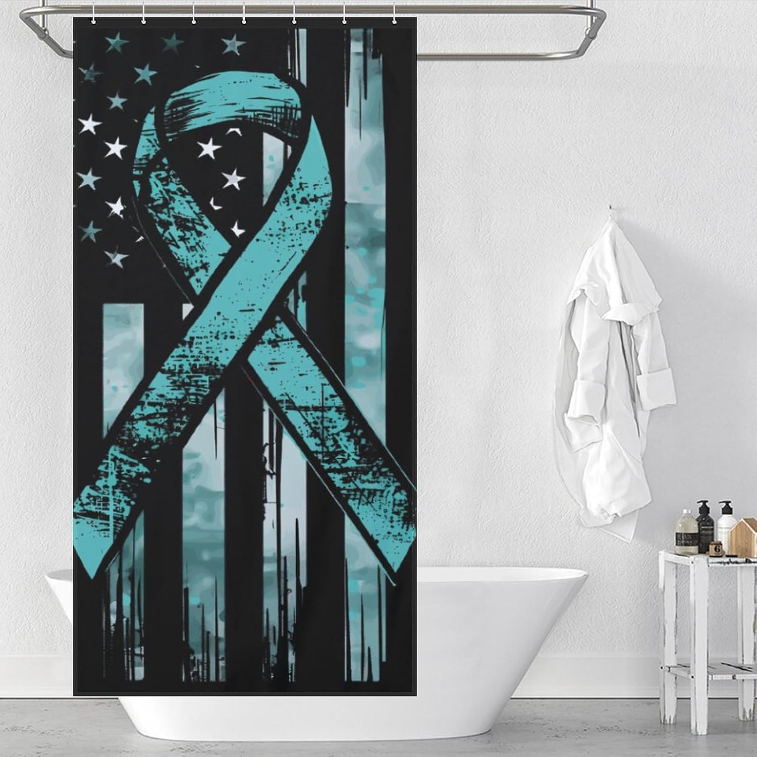 Ovarian Cancer U.S. Flag Funny Shower Curtains Washable Bath Curtain Liner with Hooks for Bathroom Bath Tubs 36x72Inch（92x183cm）