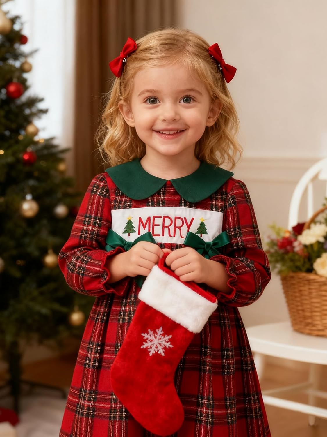 Toddler Baby Girls Christmas Outfit Plaid Dress Christmas Dress Santa Merry Embroidered Fall Winter Holiday Dresses - Image 8