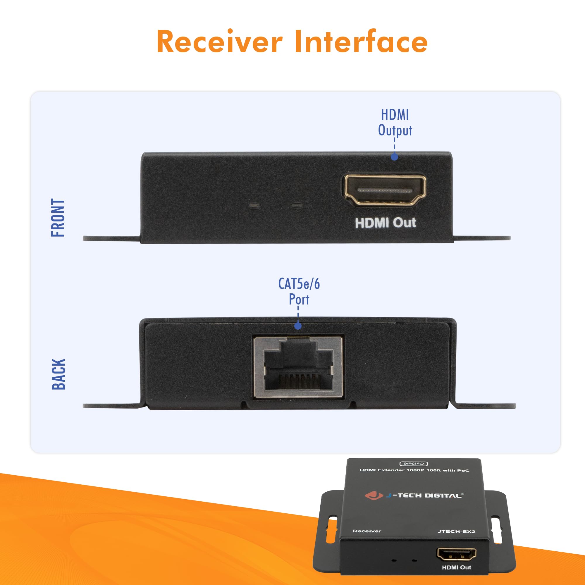 J-Tech Digital [JTECH-EX2] - Extender Ethernet HDMI 1080P 60Hz su singolo cavo Ethernet Cat5e/6/7 fino a 48,8 m, supporta PoC (Power Over Cable) audio digitale 3D Deep Color Zero perdita di segnale