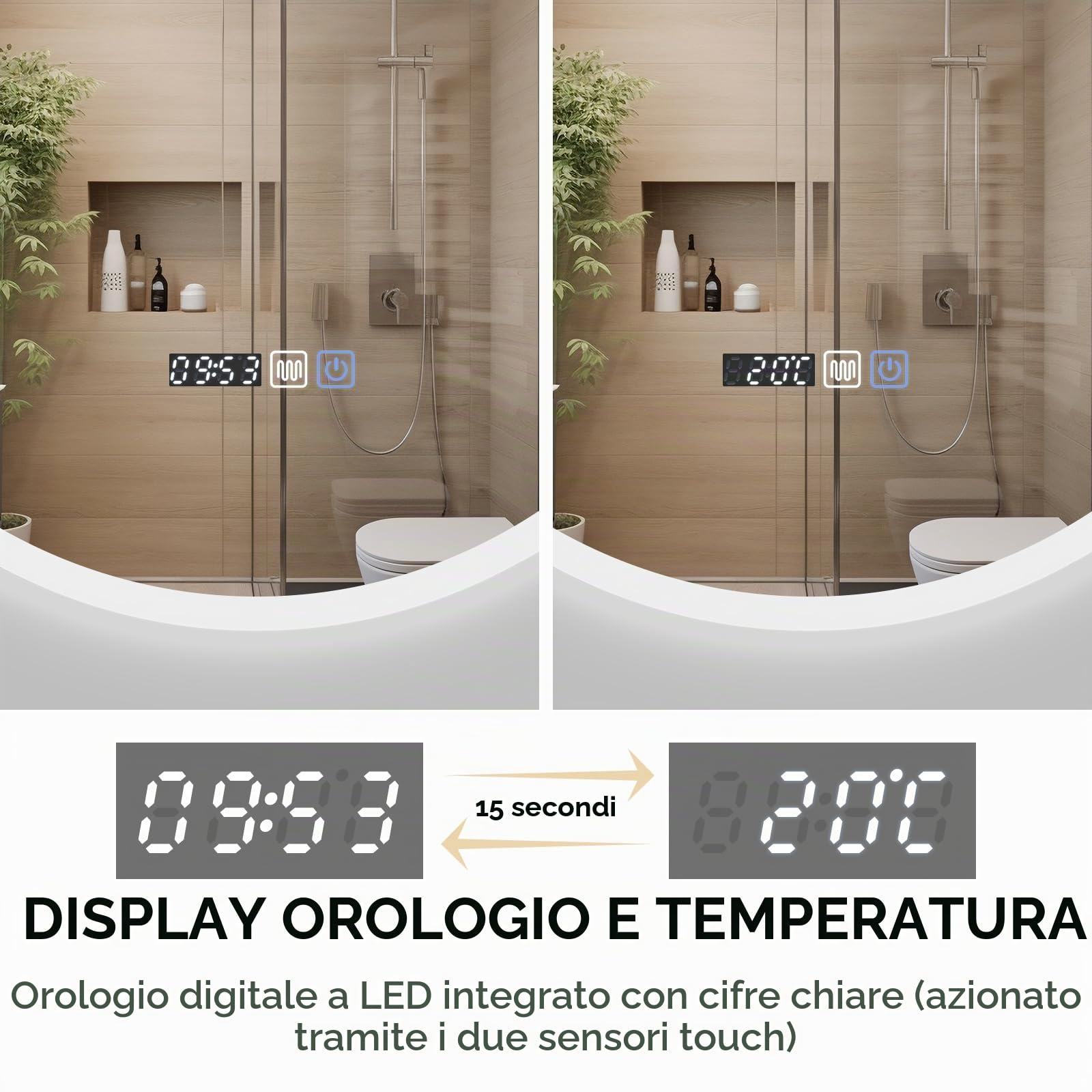 YU YUSING Specchio Bagno con Luce LED, Rotondo, 60 cm, 3 Colori, Luce Regolabili, Specchio da Parete, con Interruttore Touch e Funzione Antiappannamento, Visualizzazione del Tempo, IP44