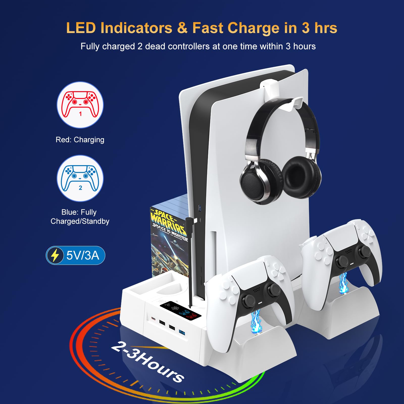 Stacja chłodząca PS5/Slim do PS5 Disc & Digital, stojak chłodzący PS5 z podwójnym kontrolerem ładowanie do konsoli PlayStation 5, wielofunkcyjna ładowarka do PlayStation 5, akcesoria, kontroler