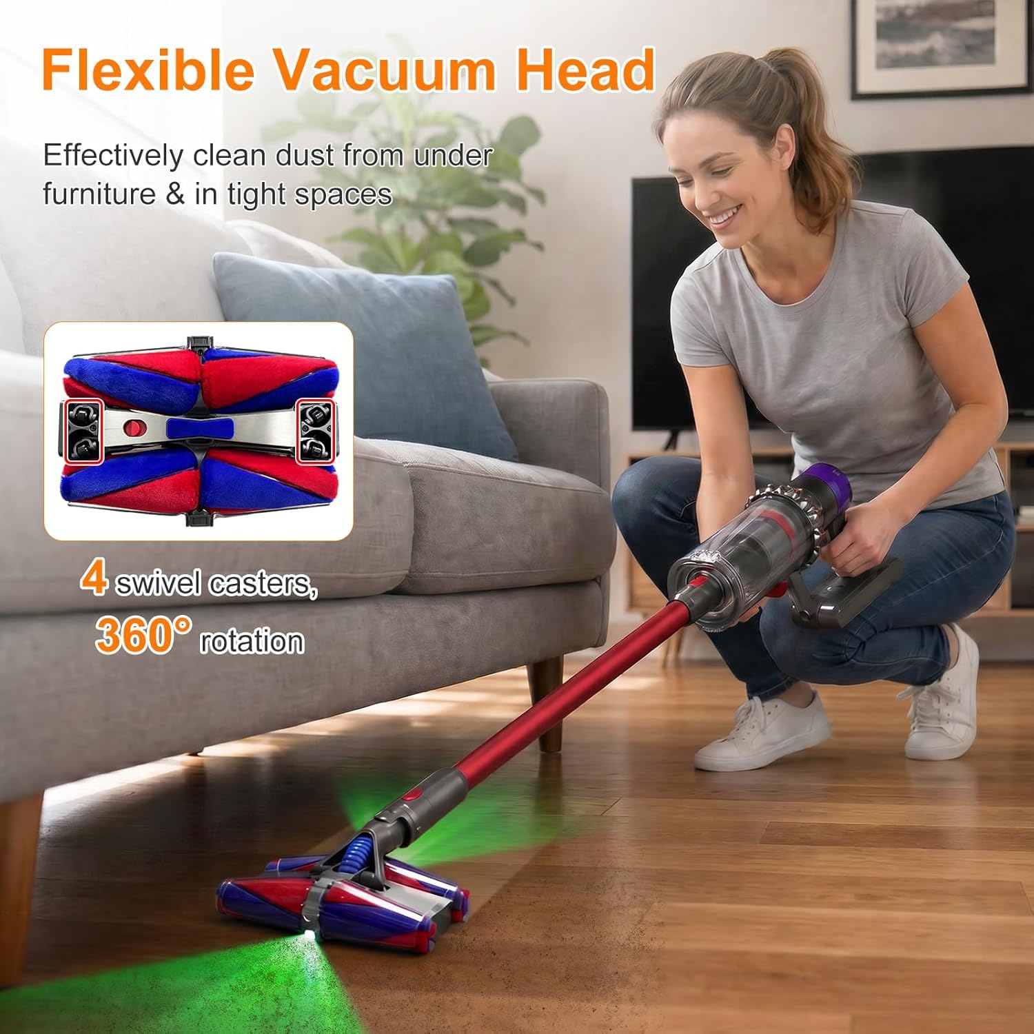 PencilVac Fluffycones Staubsaugerbürstenkopf für Dyson V10 V11 V15 SV10 SV11 SV12, Hartbodendüse mit Dualen Grünen LED-Leuchten, Anti-Tangle Staubsaugeraufsatz für Tierhaare