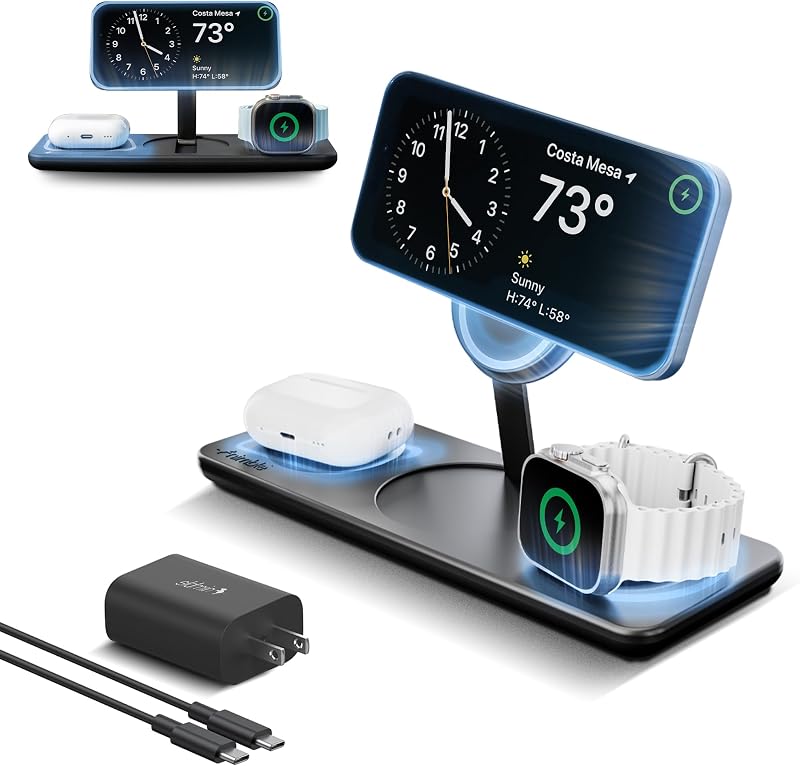 Podium 3-in-1 Wireless Charging Station for Apple, Qi2-Certified | 15W Magsafe Charger Stand with Adapter, USB-C Cable, Wireless Charger for iPhone 17/16/15/14/13, Apple Watch, Airpod Series