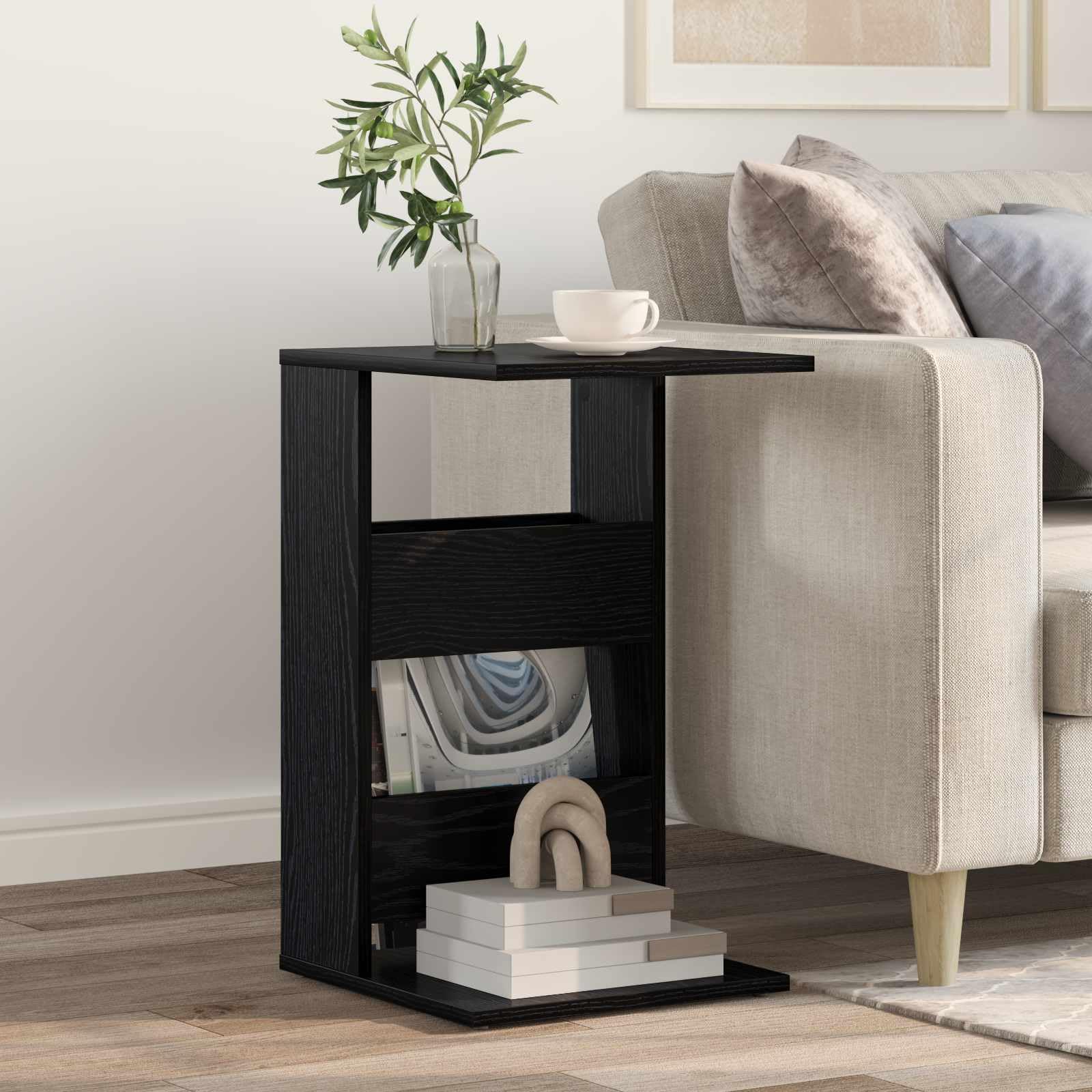 Beistelltisch Schwarz Eichen-Optik aus Holzwerkstoff 40 x 35 x 60,5 cm, kompakter Couchtisch mit Ablagefach für Wohnzimmer, Schlafzimmer, Büro, platzsparend und modernes Design