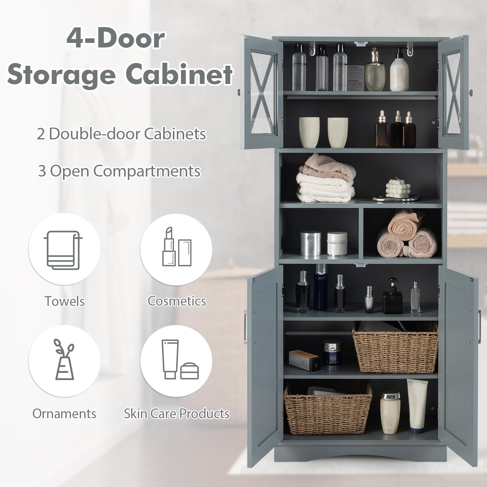 GIANTEX Badezimmerschrank, schmaler Badschrank mit 4 Türen, Verstellbarer Ablage & 3 offenen Fächern, Hochschrank für Badezimmer & Wohnzimmer (Grau,60 x 30 x 145 cm)