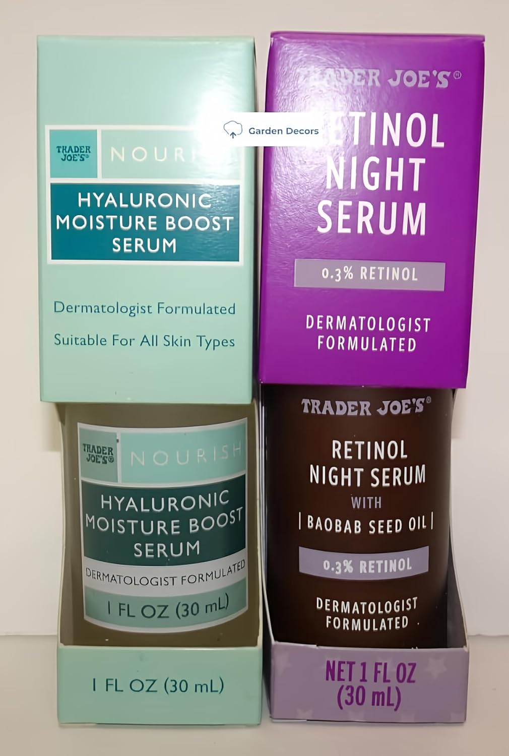 Trader Joe’s Nourish Hyaluronic Moisture Boost Serum & Retinol Night Serum with Baobab Seed Oil 1fl oz 30ml (Two Bottles)