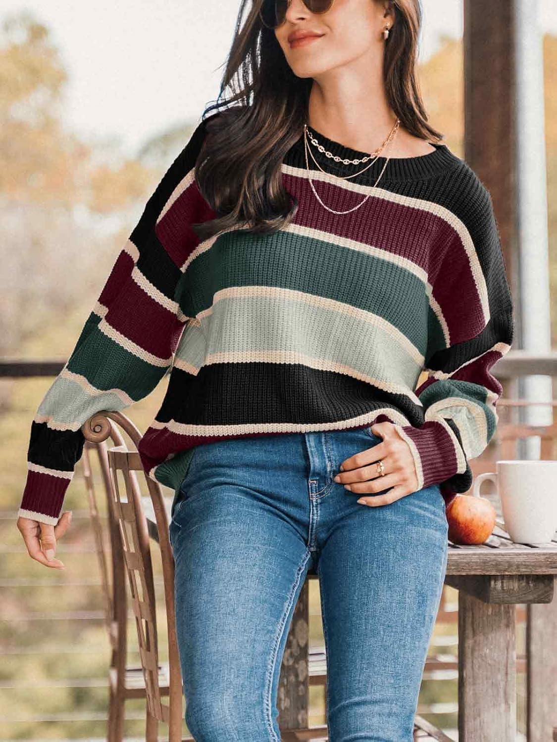 CUPSHE Womens Striped Sweaters Crewneck Long Sleeve Colorblock Casual Pullover Sweater Tops - Image 2