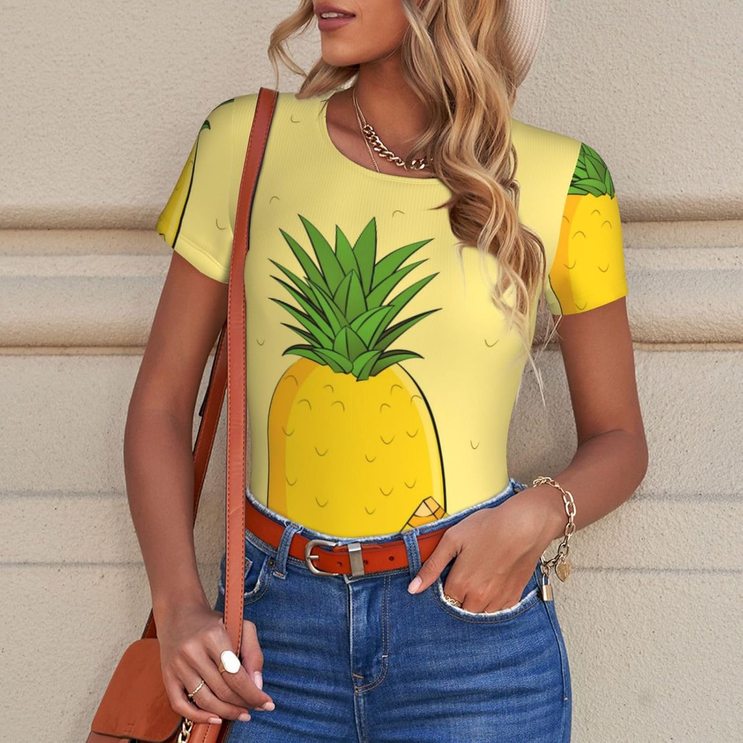 cartoon pineapple Medium Pattern women's round-neck tights T-shirts - home leisure sportswear, sizes S-XXL,