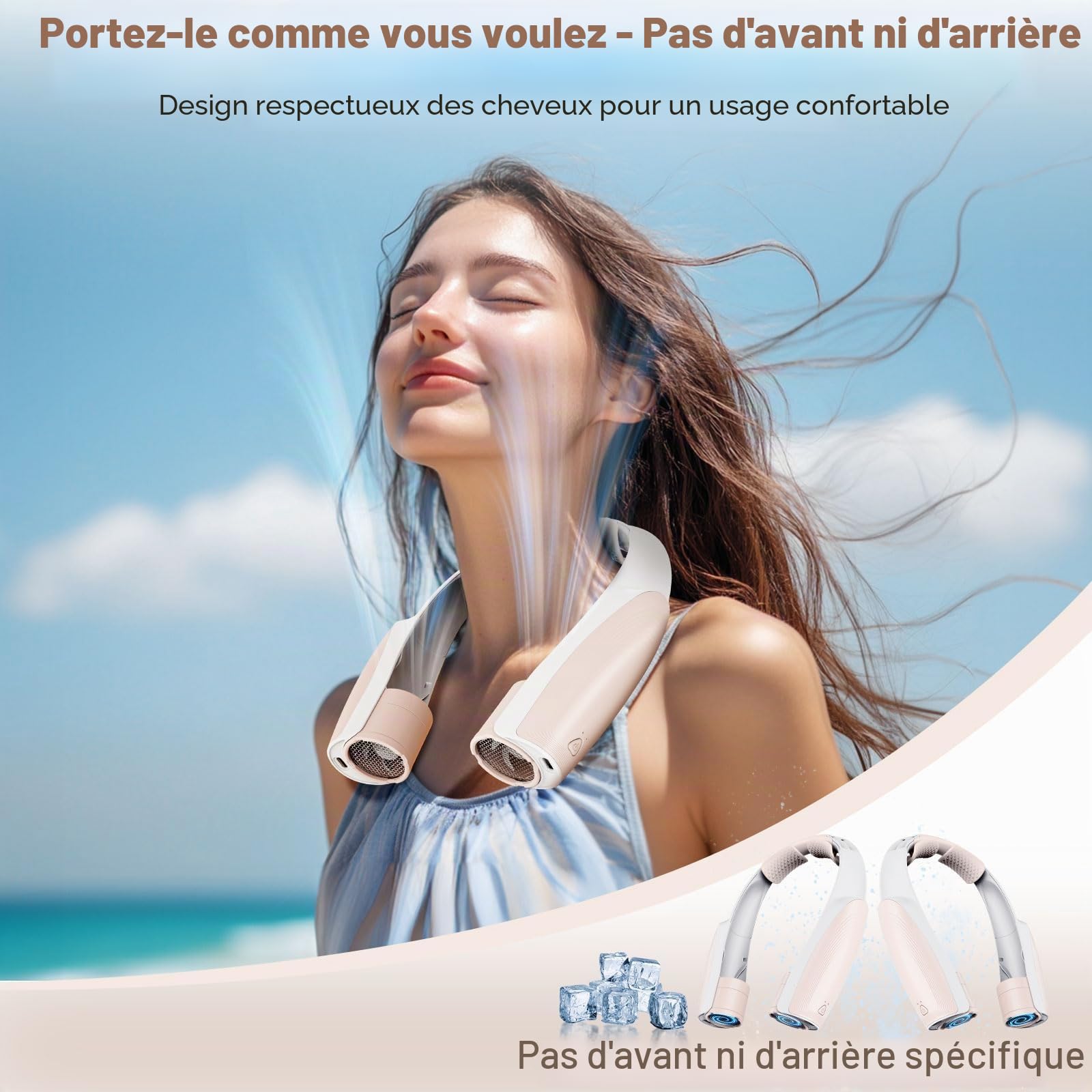 8000 mAh Ventilateur de Cou Portable, 6 Vitesses Ventilateur Cou Climatiseur Rechargeable, Ventilateur de Cou Silencieux Libres Sans Pale pour Bureau Voiture Camping Exterieur, Blanc