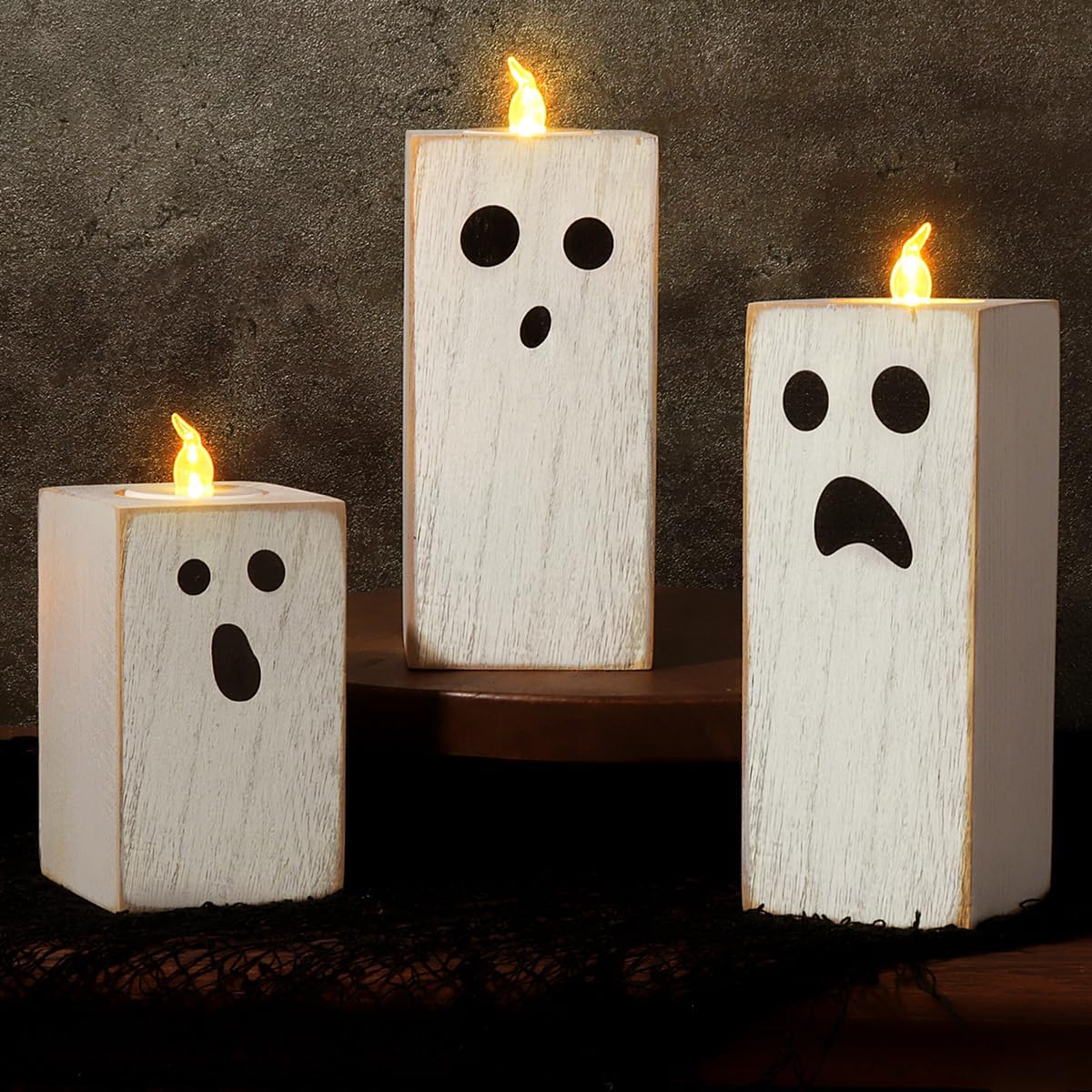 Treory Halloween Decorations: 3pcs Cute White Ghost Decor, Farmhouse Wooden Ghost Sign with Flameless LED Tea Lights, Rustic Room Decor for Kids Home