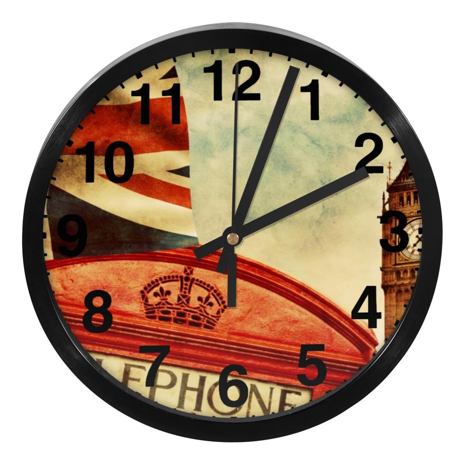 Orologio Da Parete Vintage BIGJOKE London - 20x20 Cm, Con Big Ben E Bandiera Inghilterra, Silenzioso, PVC, Batteria Non Inclusa - 3