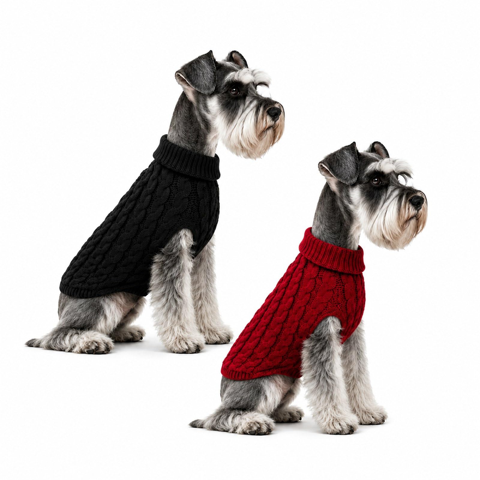 NWDEY 2 Pack Dog Jumpers Knitted Turtleneck, Warm Winter Dachshund & Small Dog Jumper, Soft Cozy Puppy Clothes Twist Striped Vest for Dogs Cats (Red+Black, 12(Chest:9.45″~10.24″))