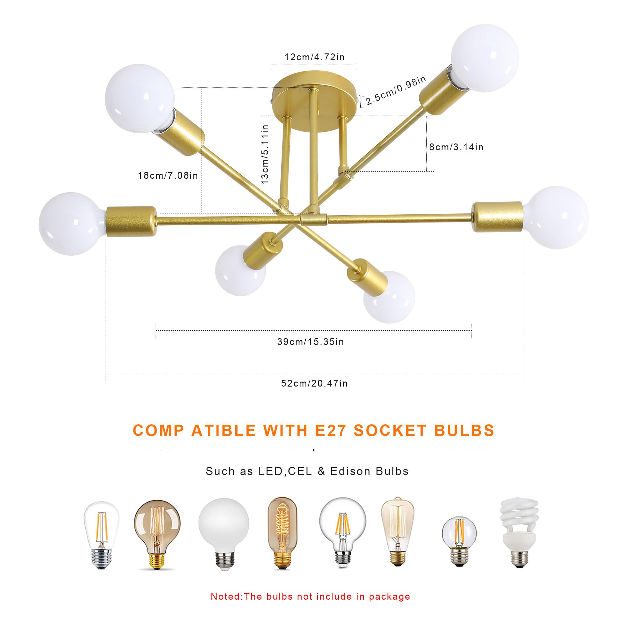 Comely Plafoniera Sputnik Moderno, 6 Luci E27 Lampadario Industriale in Metallo, Oro Lampada da Soffitto Retrò per Soggiorno Camera da Letto Cucina Ristorante