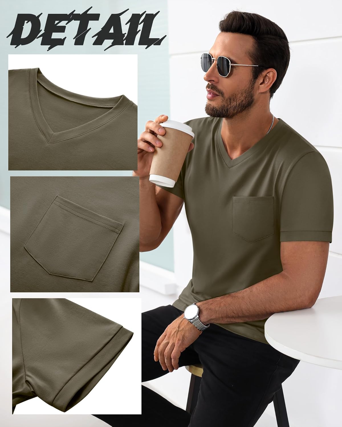 Ficerd 3 Pack Men's V Neck Pocket T-Shirts Short Sleeve Comfort Dressy Tee Shirts Casual Summer Athletic Plain Color Tops - Image 5