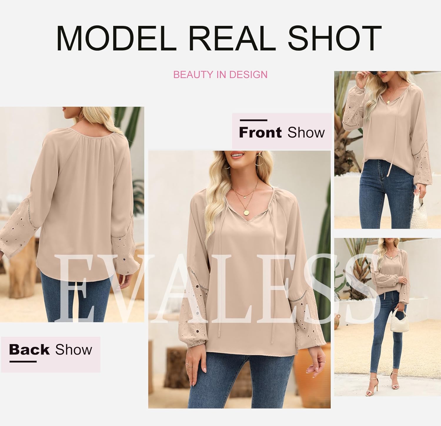 EVALESS Womens Tops Dressy Casual V Neck Long Sleeve Hollow Out Embroidered Blouses Shirts Spring Summer Outfits 2025 - Image 5