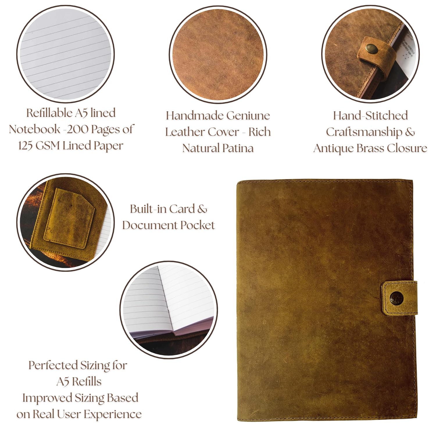 Journal rechargeable en cuir | Couverture de carnet lignée de qualité supérieure A5 | 15,2 x 22,9 cm | 200 pages d'écriture lignées | Emplacement pour carte | Journal relié en cuir pour homme et femme