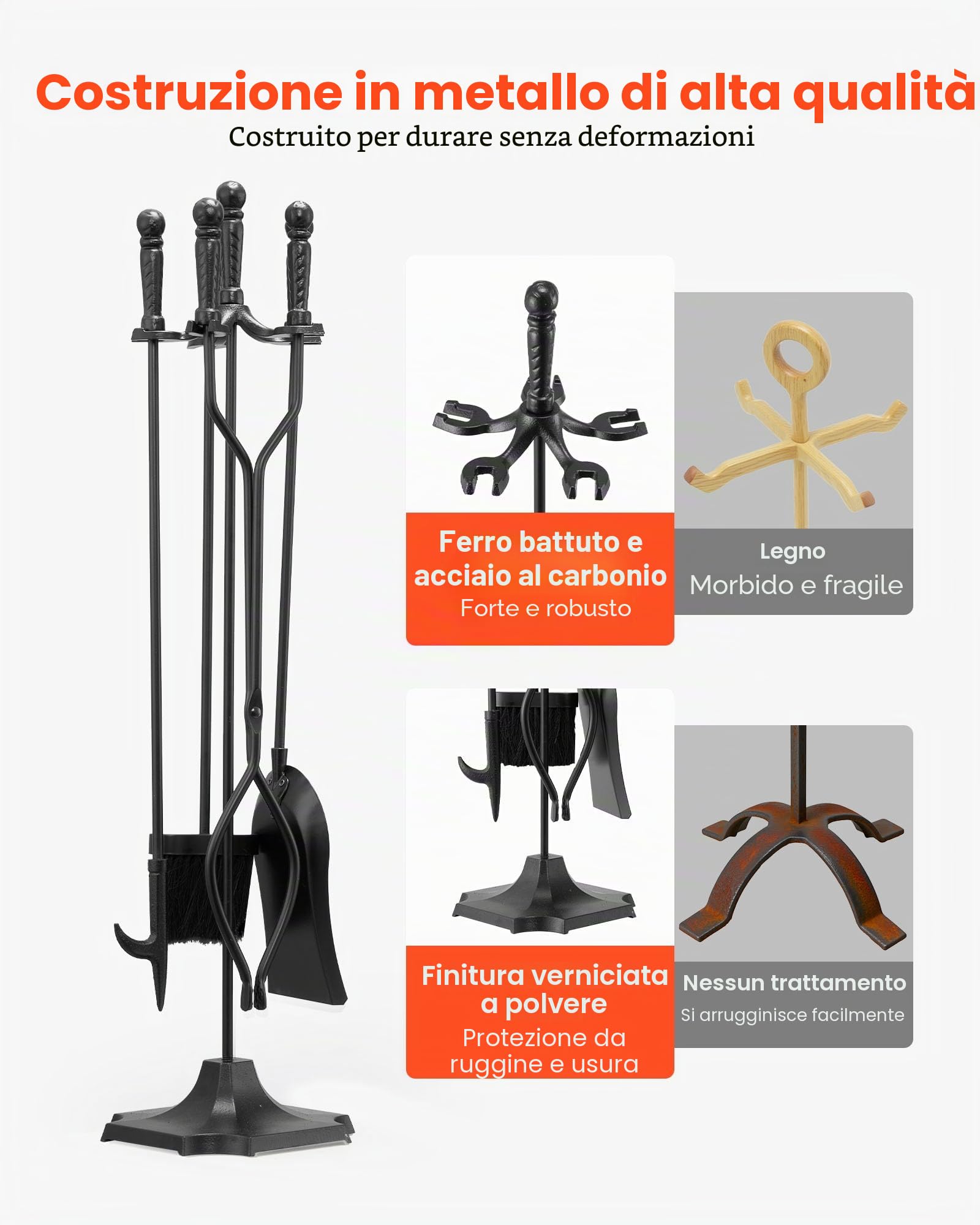 VEVOR Set di Attrezzi per Camino, 5 Pezzi, con Supporto a Cinque Punte, Pinze, Paletta per Cenere, Spazzola, Attizzatoio per Caminetto, Accessori per Camino in Ferro Battuto per Falò, Nero