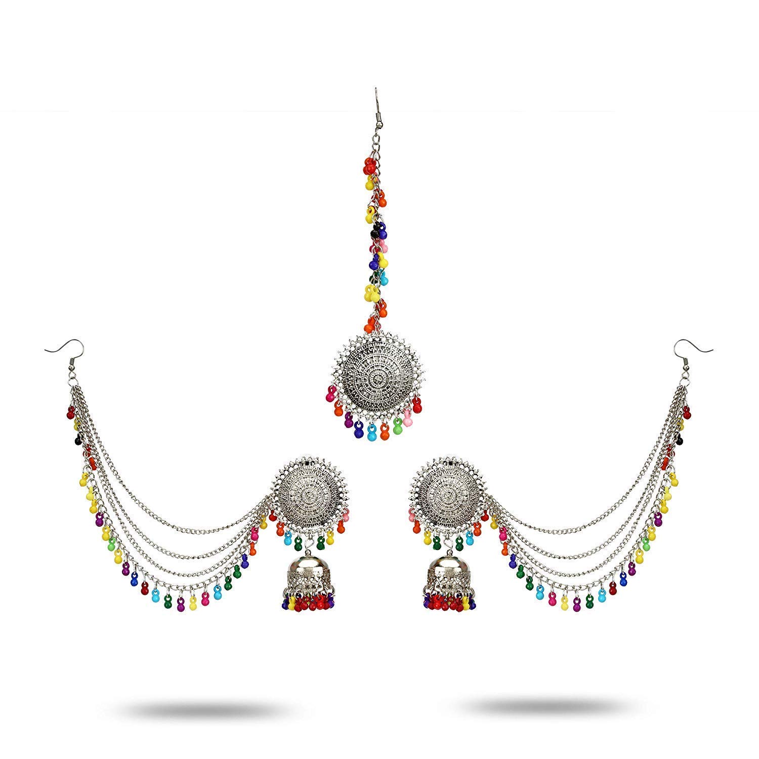 SHREYA-FASHION-Latest Oxidised German Silver Antique Design Stylish Traditional Maang Tikka Jhumka Earrings Jewellery Brass Necklace (Silver-Multicolor) (B09G9N1CHH) Amazon Price History, Amazon Price Tracker
