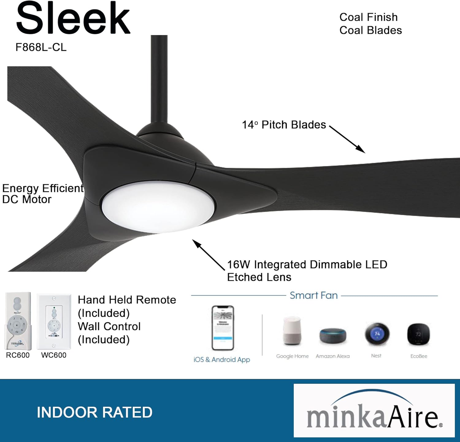 Minka-Aire F868L-CL/CL Sleek 60" Smart Ceiling Fan with LED Light, Remote and Wall Control