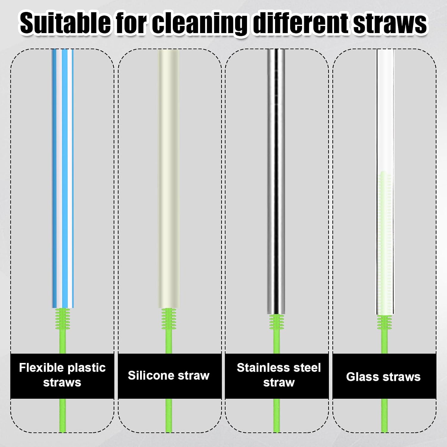 PEUTIER 2pcs Silicone Straw Brushes, 6mm+8mm Extra Long Straw Cleaning Brush Reusable Bottle Straw Washing Tool with Hanging Ring Bendable Crevice Brush Pipe Cleaners for Smoothie Straw (Green)