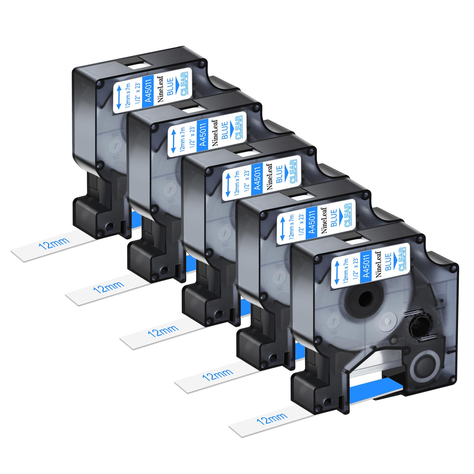 NineLeaf 5 Pack Compatible with Dymo D1 Label Tape 45011 S0720500 A45011 Blue on Clear 12mm x 7m for Dymo Label Maker Refills for Dymo LabelManager 160 280 420P 450D 500TS Label Maker — image 1