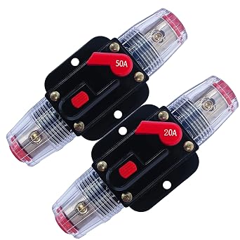 50 & 20 Amp Circuit Breaker Manual Reset Waterproof Inline Fuse Inverter for Car ATV Marine Trolling Motors Boat Power Protect 12V-48V DC, with Inner Hexagon Tool & Screw