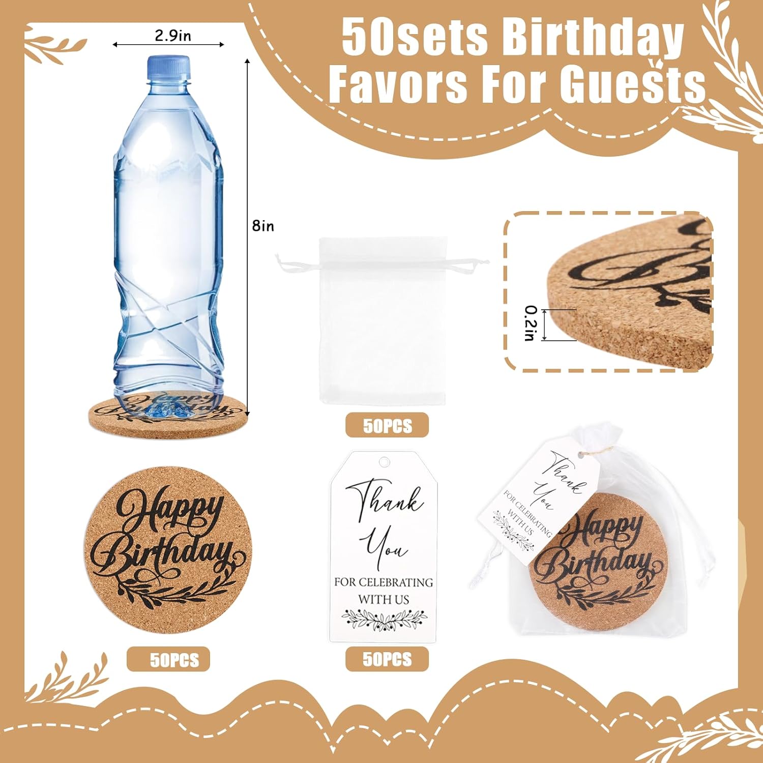 50 Sets Cork Coasters Birthday Party Favors, Absorbent Drinks Coasters with Thank You Cards and Organza Bags for Bulk Gifts Guest Souvenirs