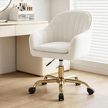 Vanity Chair with Wheels and Back, White Velvet Makeup Chairs for Vanity, Adjustable Modern Swivel Rolling Cute Desk Chair for Bedroom Living Room