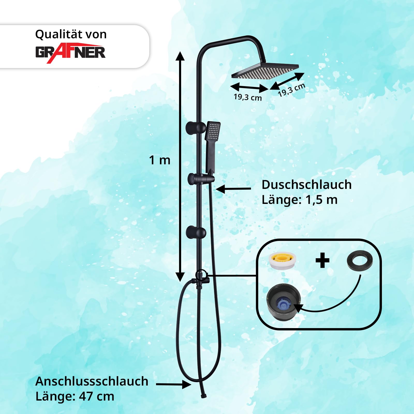 Grafner Regendusche schwarz im Set incl. Kopfbrause, Handbrause, Schlauch, Stange und Anschluss-Set Duschset Duschsystem Duschgarnitur eckig