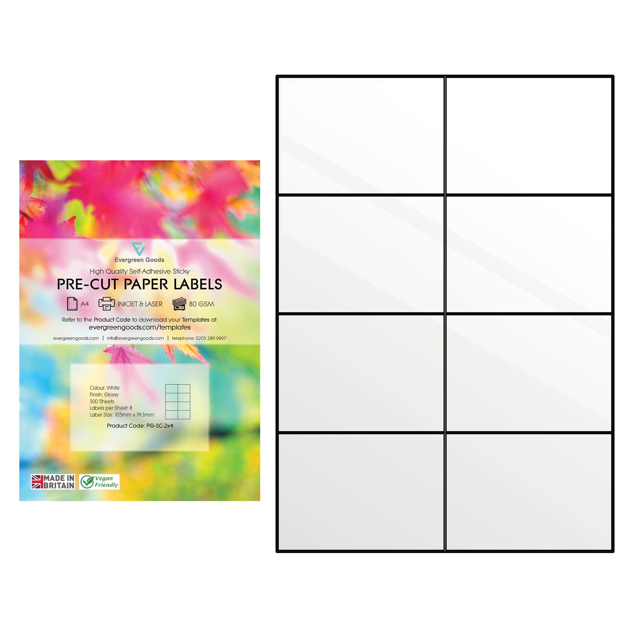 Evergreen Goods 2x4 Vorgeschnittenes Weißes Versandetiketten, 300 Blatt | Hochglanz selbstklebendes Papier, starke selbstklebende Rückseite, 2400 Etiketten pro A4, für Tintenstrahl/Laserdrucker