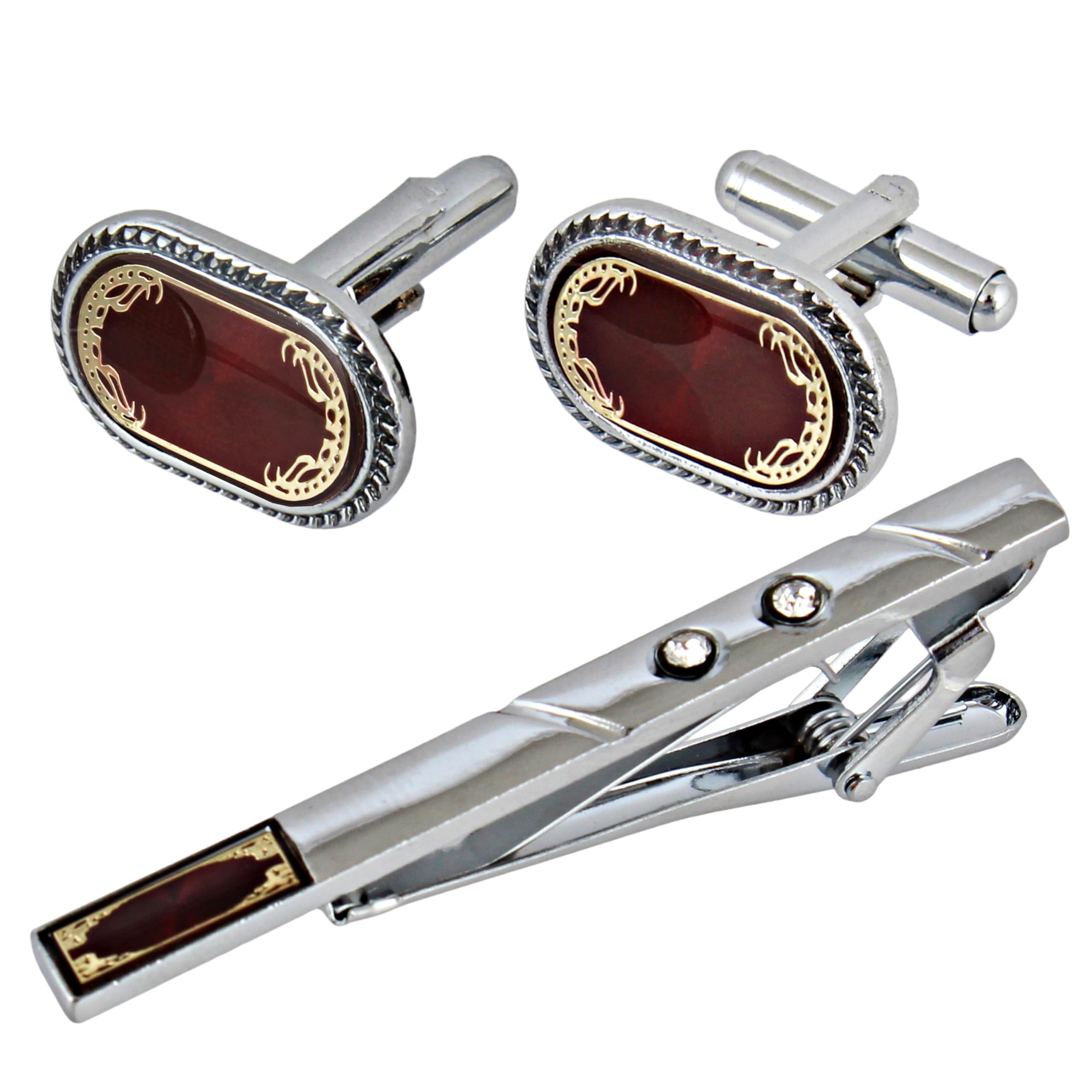 Men Jewelry Silver Plated Maroon Color Cufflink Formal Sleeve Button Cuff Shirt Button, Suit, Blazer Cufflinks and Tie Pin Combo Gift Set For Men (370-CHC5-1120-S)-image-24