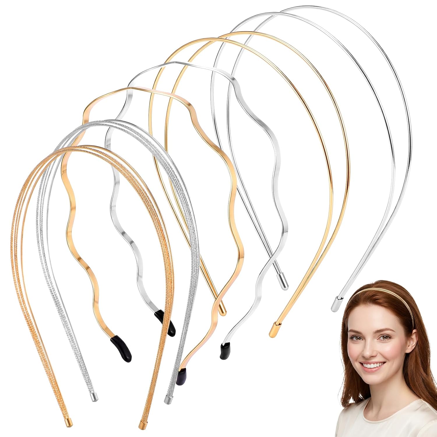 6 Pcs 3 Styles Metal Headbands for Women, Silver Hairband Double Layer Wavy Hair Band Elegant Thin Headpiece Gold Head Bands for Wedding Party Bridal Daily Hair Accessories