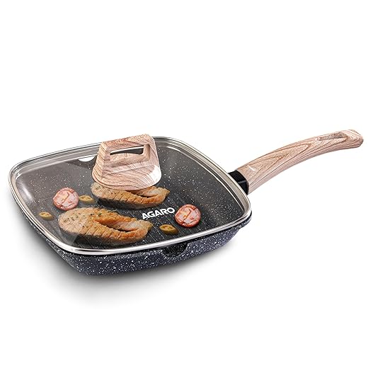 AGARO Imperial Granite Non Stick Grill pan with Glass Lid, 1.8L/ 24cm, Cast Aluminium Body, Gas & Induction Compatible, Dark Grey