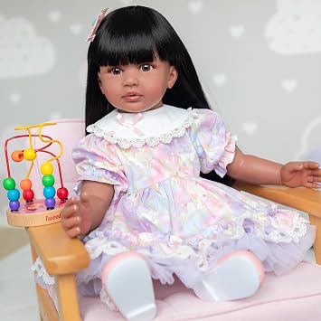 Lifelike African American Reborn Baby Dolls Black Girl 24 inches Toddler Doll Handamde Realistic Silicone Reborn Doll Weighted Body with Long Black Hair Toys for Kids
