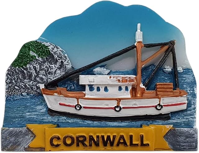 thomas benacci Cornwall Trawler Blue Sky and Cliffs Fridge Magnet - Fishing Boat - Cornish Souvenir for Visitors of Portreath Newquay Looe Tintagel or Truro