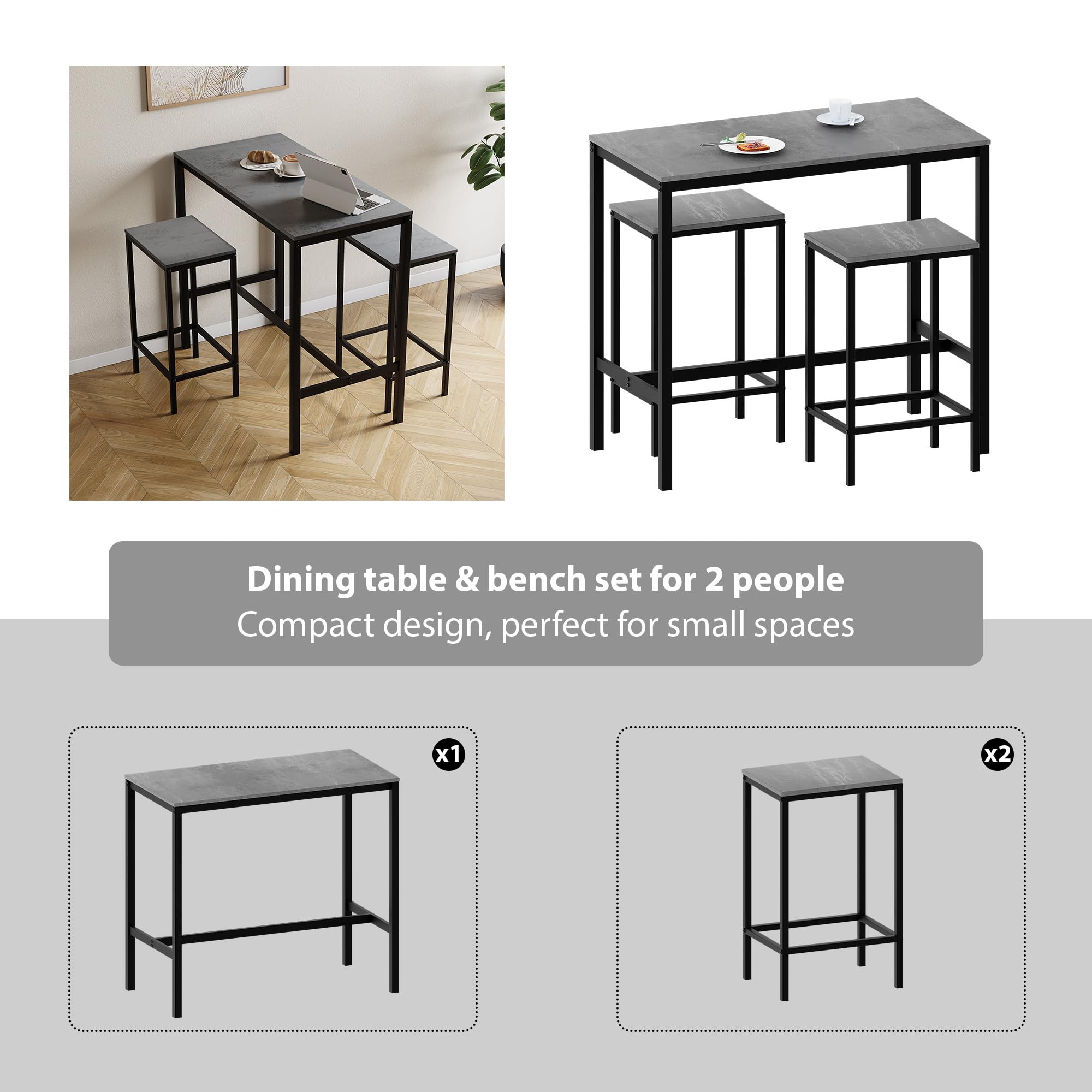 Vida Designs Roslyn - Set di tavolo da bar a 2 posti, con 2 sgabelli da bar, struttura in acciaio industriale (grigio cemento)