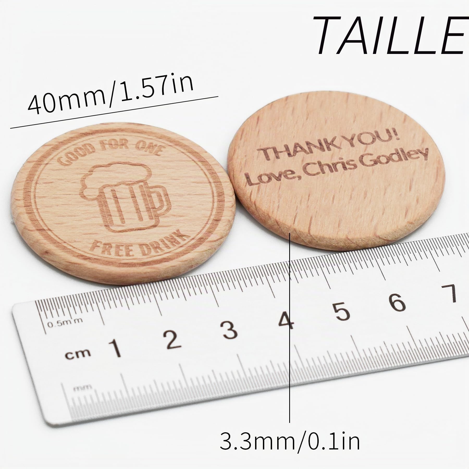 Lot de 100 jetons ronds en bois personnalisés, 3,8 cm, pièces en bois pour images de texte, jetons de boissons, petits disques, étiquettes décoratives, gravure laser