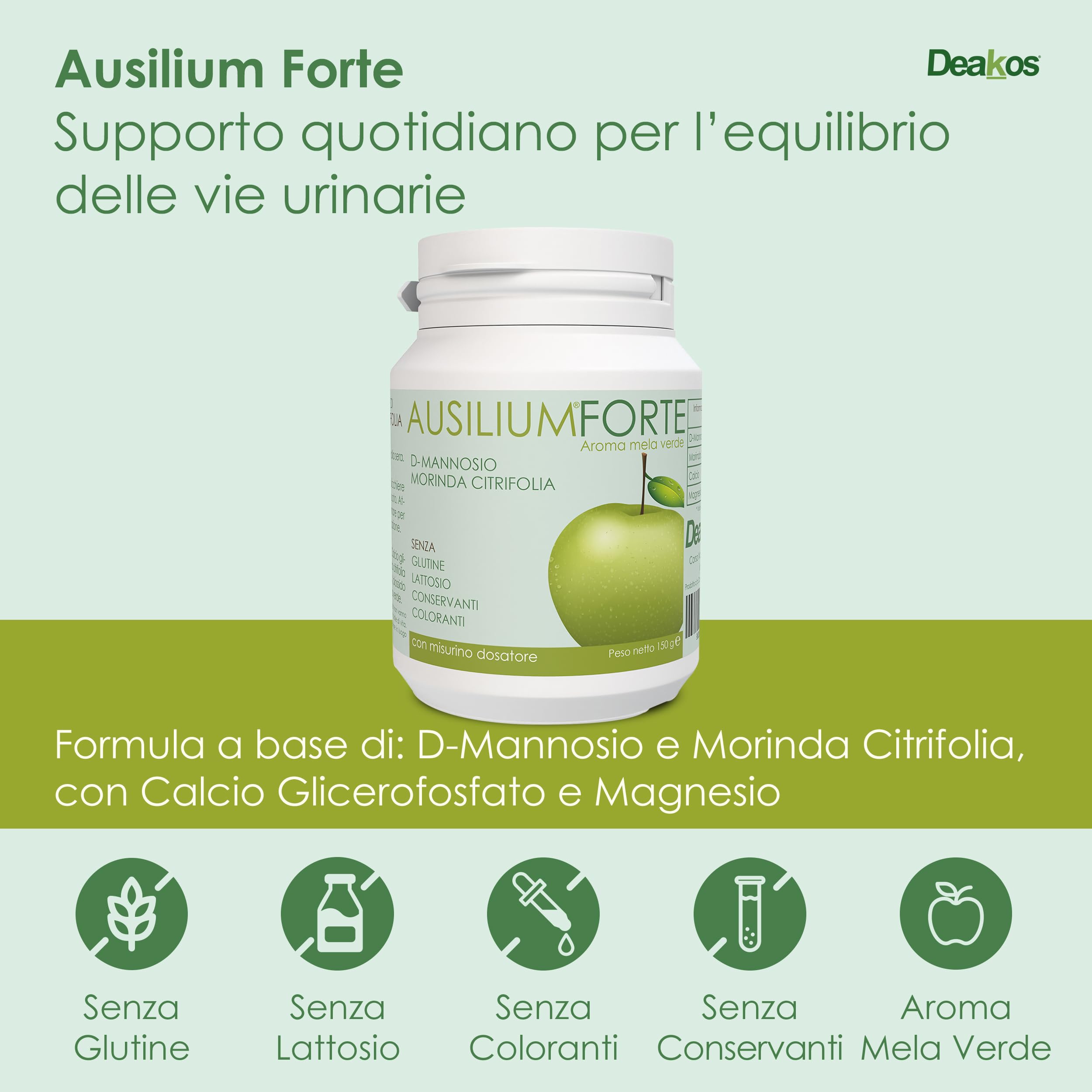 Deakos Ausilium Forte 150g - Integratore Cistite Donna e Benessere delle Vie Urinarie - In Polvere Gusto Mela Verde - A base di D Mannosio Puro e Morinda Citrifolia - Senza Glutine e Lattosio