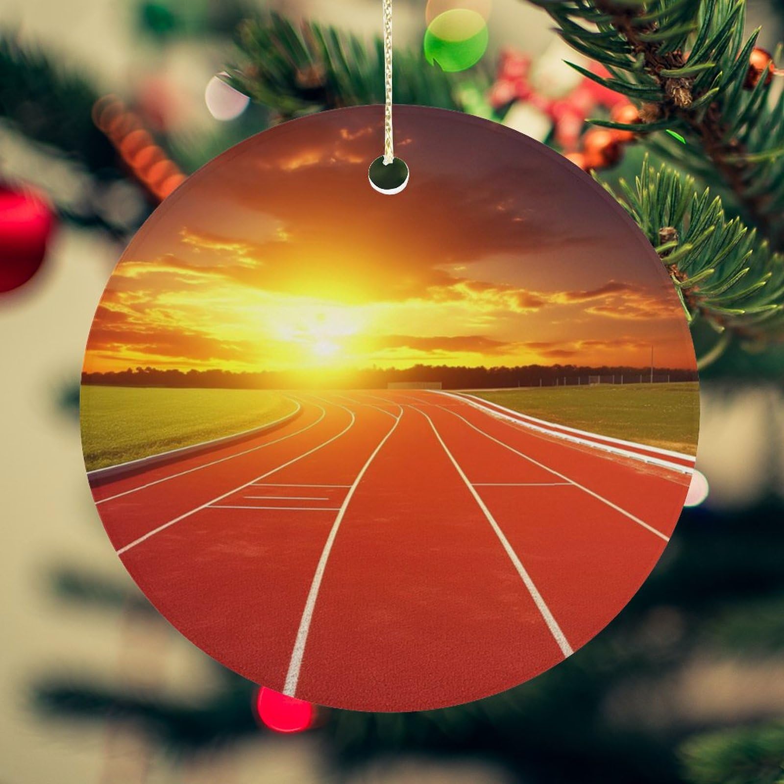 Running Track Sunset Christmas Ornament for Christmas Tree Ceramic Round Ornament Winter Holiday Keepsake Gift 2.7" Christmas Tree Hanging Decorations Circle Ceramic Pendant Xmas Gift