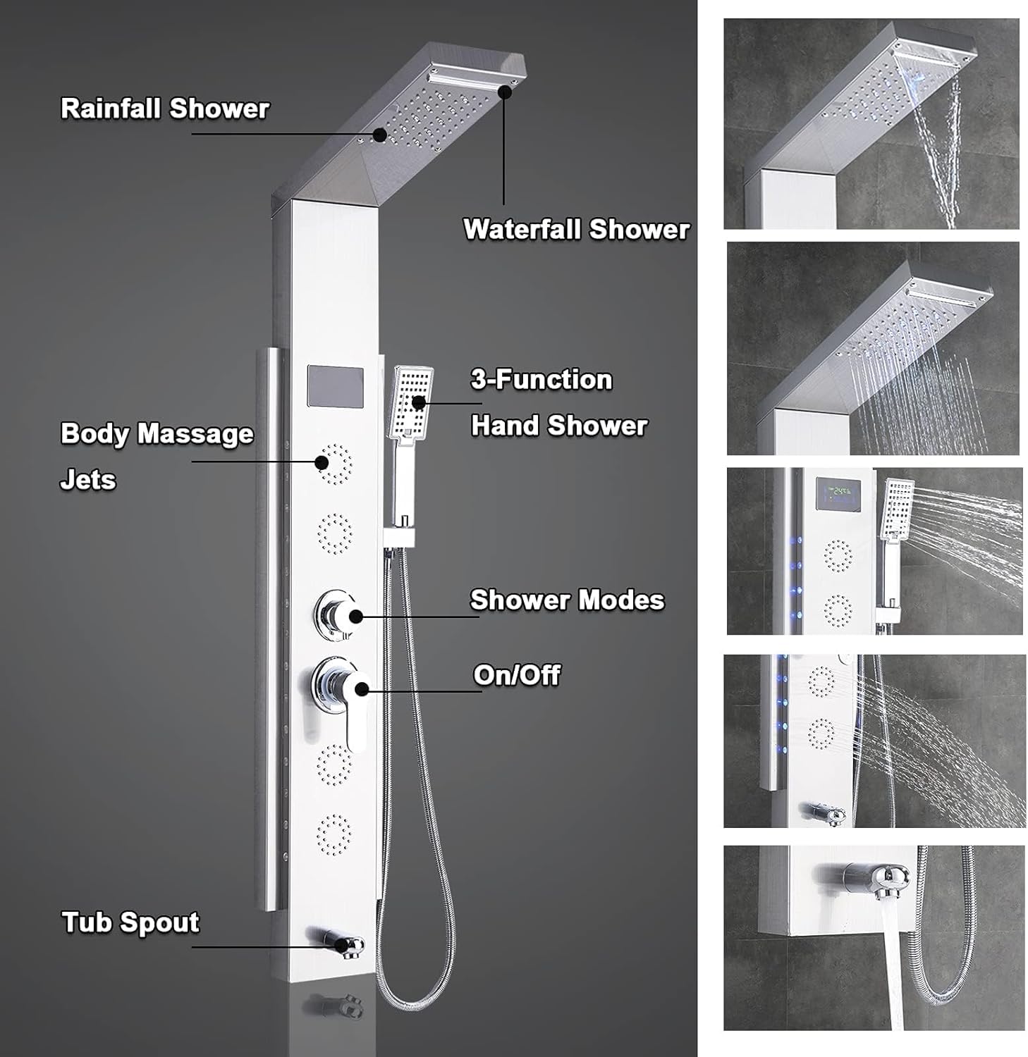 Pannello Doccia Idromassaggio per Vasca con 5 In 1 Funzioni LED Colonna Doccia Set in 304 Acciaio Inox Con Display LCD, Miscelatore Vasca Da Bagno, Soffione Doccia A Cascata Argento