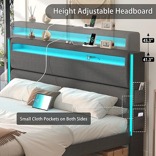 Miniatura 5 de Base de cama tamaño King con cabecero ajustable, plataforma de cama tamaño King con iluminación, base de cama tapizada de metal tamaño King con