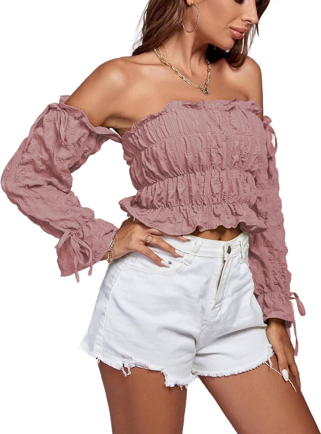 LYANER Women's Off The Shoulder Ruffle Trim Drawsting Puff Long Sleeve Tube Crop Blouse Shirt Top - Image 4