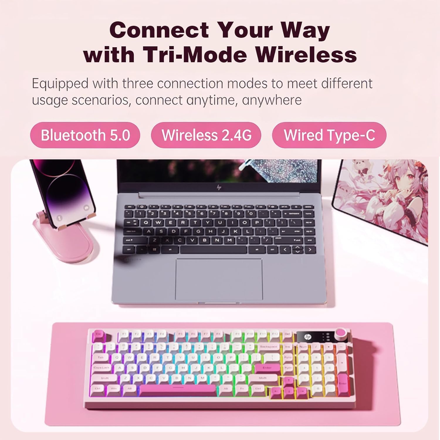 HP K500F Wireless Keyboard, Tri-Mode Bluetooth 5.0/2.4GHz/USB-C Wired, RGB Backlit Cute Gaming Keyboard with Volume Knob, 3000mAh Rechargeable Membrane Keyboard for PC Windows, Pink