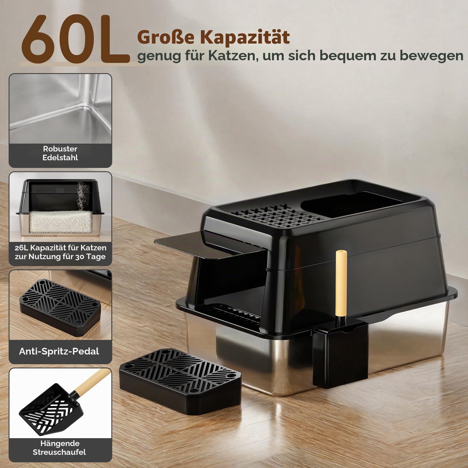 FRETONBA Katzenklo Edelstahl XXL, Katzentoilette 26L Groß Kapazität, Katzentoiletten Hochwandig, Auslaufsicher und Leicht zu Reinigen, Cat Litter Box mit Deckel, Pedal, Schaufel, Schwarz