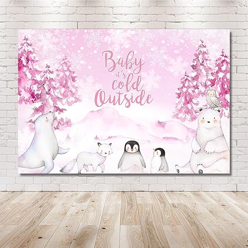 Miniatura 6 de Mehofond Telón de fondo de invierno para baby shower de animales árticos de 7 x 5 pies, con texto en inglés "Baby It's Cold Out", fondo rosa,