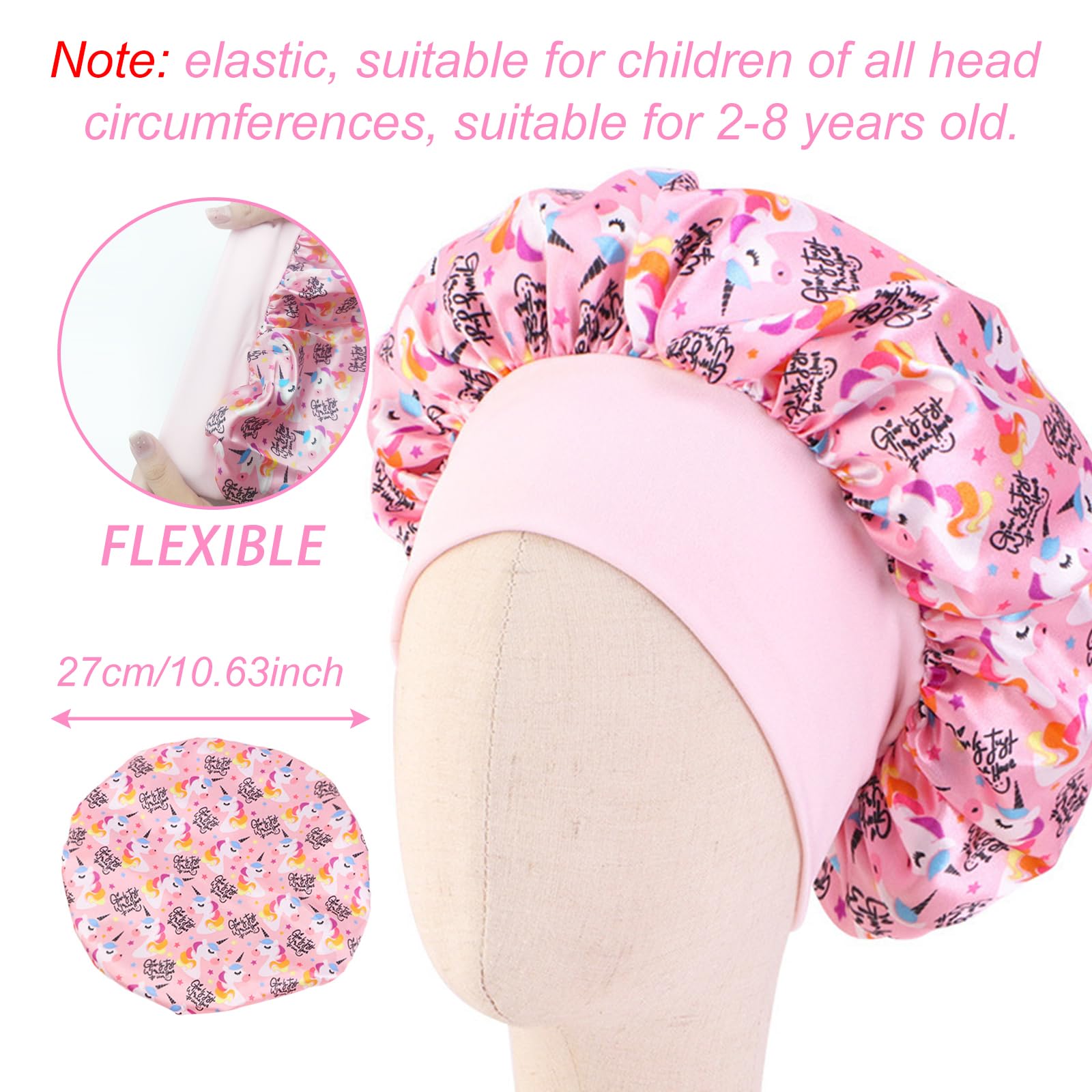 KASESSS 3 Pcs Kids Silk Bonnet for Sleeping Cartoon Satin Nightcap, Unicorn Silk Hair Bonnet for Girls Toddler Gift - Image 2